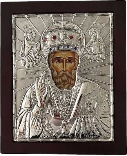 Heiligenikone St. Nikolaus Emailliertes Metall Holz 27x22cm Karvounis Bros