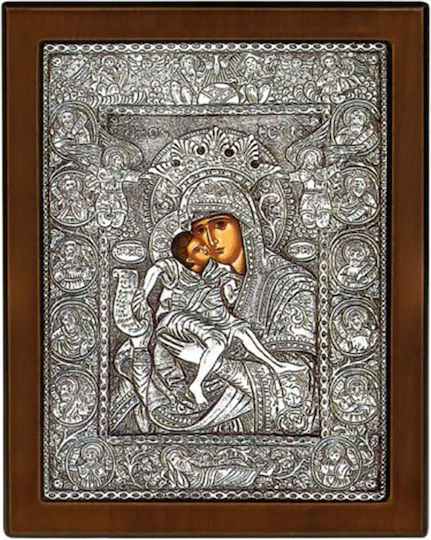 Silver Saint Icon Astron Virgin Mary Axion Esti Lacquered Wood P-56074