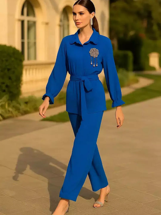 Cazibe Women's Blue Set with Trousers with Elastic Slim Fit
