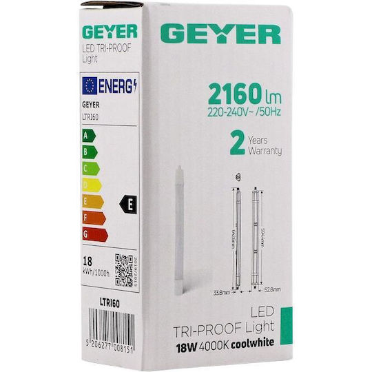 Ltri60 Beleuchtungsschiene LED Tri-proof 0,60m 18W 4000K 2160lm IP65 Geyer