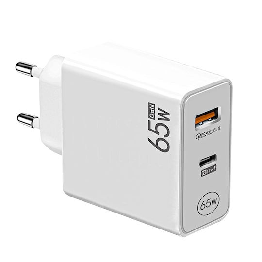 Încărcător Fără Fir Cu Port USB-A Și Port USB-C 65W Livrarea Energiei Alb
