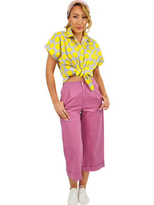 Damen Stoff Capri Hose mit Gummiband in Gerader Bein Stil Rosa