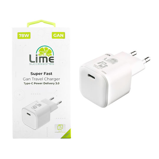 Lime Φορτιστής Χωρίς Καλώδιο GaN με Θύρα USB-C 78W Power Delivery Λευκός (LTC78W)