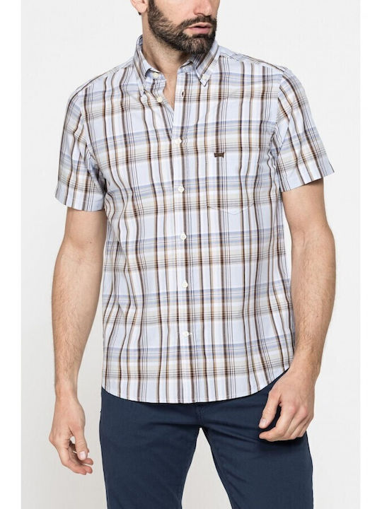 Short-sleeved Cotton Shirt Checked Light Blue