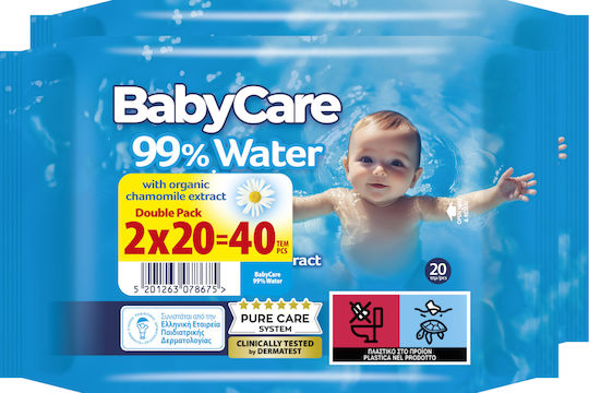 BabyCare 99% Water Baby Wipes with 99% Water Alcohol-Free & Parabens Free 2x20pcs