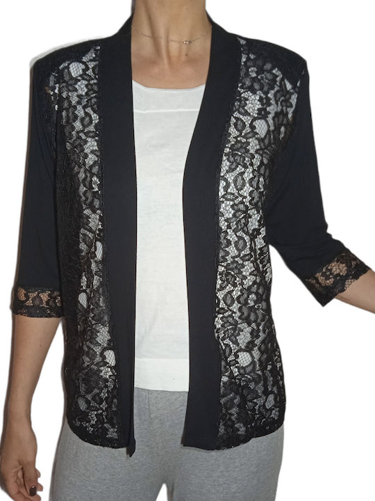Lace Viscose Lycra Cardigan Three-Quarter Sleeve Blue