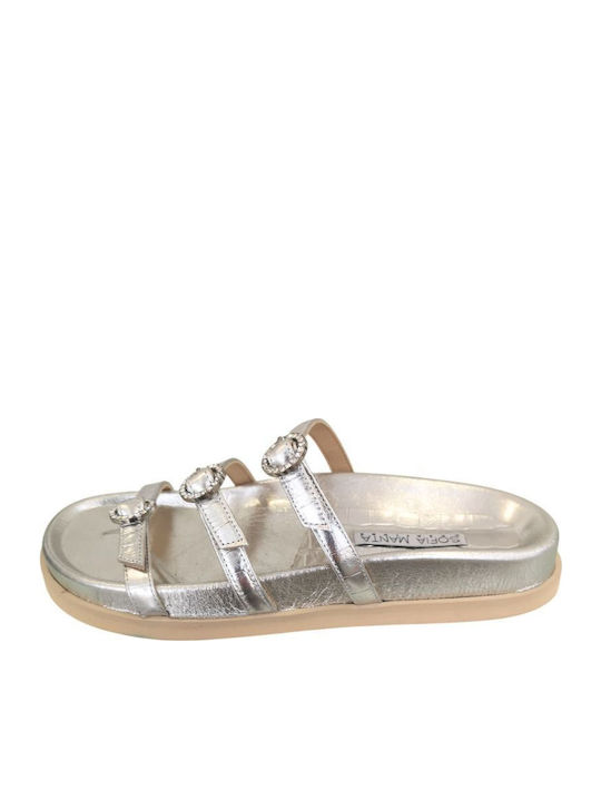 Leder Flache Sandalen für Damen in Silber Farbe