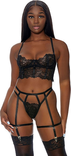 Black Lace Lingerie Set Garter Forplay Blooming Beauty Bustier & Garter Panty 2pc Lingerie Set Black