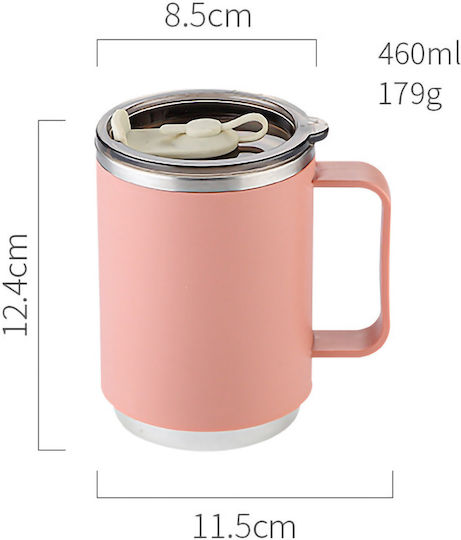 Uncle George Ποτήρι Θερμός Ανοξείδωτο / Πλαστικό 460ml Λαβή Καλαμάκι Ροζ με Λαβή και Καλαμάκι