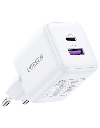 Ugreen Charger Without Cable GaN with USB-A Port and USB-C Port 30W Power Delivery Whites (X516)