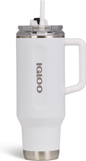 Igloo Handled Tumbler Thermos Plastic 1.183lt WHITE with Straw and Handle