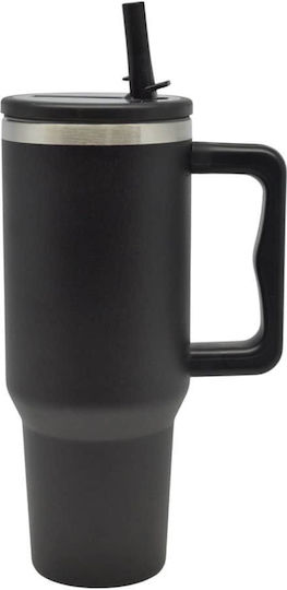 Ankor Glass Thermos Stainless Steel 1.2lt Black with Straw