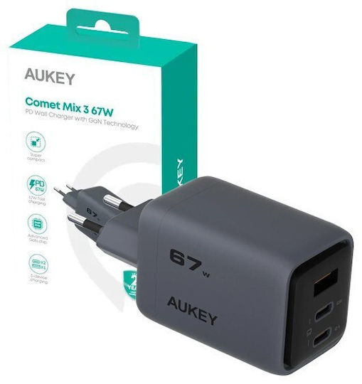 Aukey Charger Without Cable with USB-A Port and 2 USB-C Ports 67W Power Delivery / Quick Charge 5.0 Gray (PA-C3)
