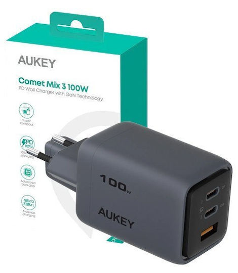 Aukey Charger Without Cable with USB-A Port and 2 USB-C Ports 100W Power Delivery / Quick Charge 5.0 Gray (PA-C5)
