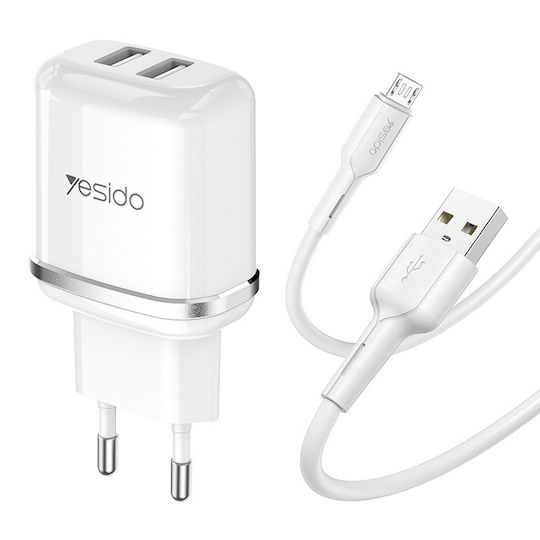 Yesido Charger with 2 USB-A Ports and Cable micro USB Whites (YC26)