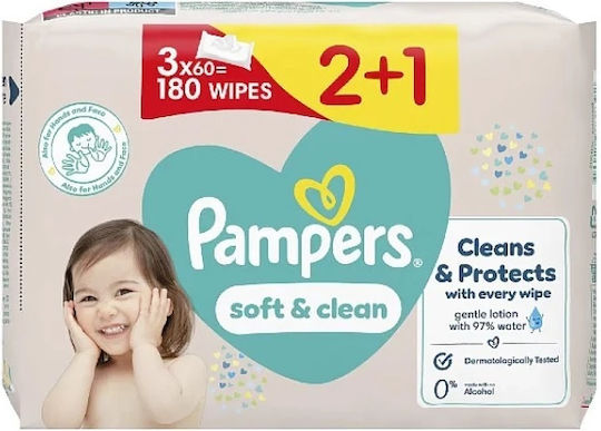 Pampers Soft & Clean Baby Wipes without Alcohol & Parabens 3x60pcs