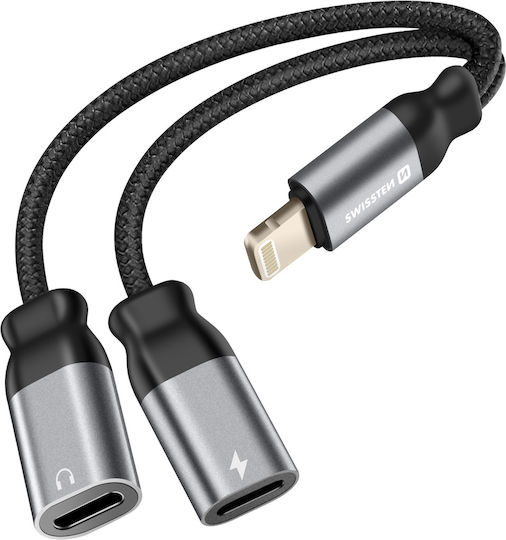 Swissten 2-in-1 Audio Lightning Charging Splitter Braided Nylon Anti-knot Black