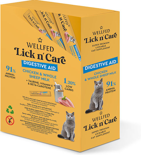 Wellfed Lick n' Care Λιχουδιές με Κοτόπουλο για Γάτα 1τμχ 15gr Purée Digestive Aid