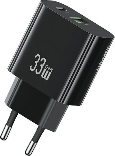 Usams Charger Without Cable GaN with USB-A Port and USB-C Port 33W Power Delivery Blacks (CC317 T65)