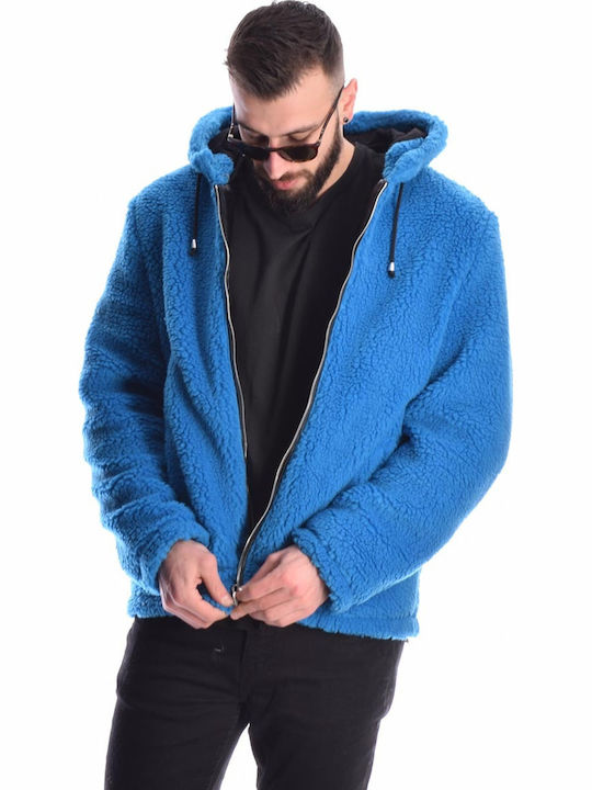 Blaues Lederjacke mit Kapuze Blaues Lederjacke mit Kapuze