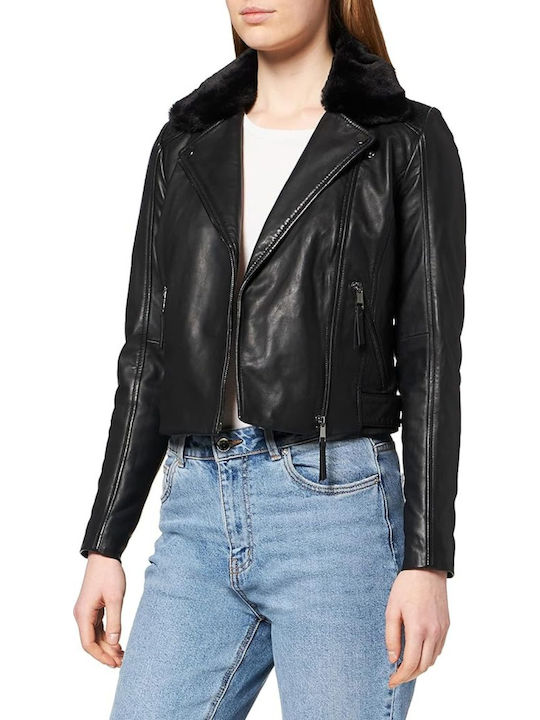 Naf Naf Women's Lifestyle Leather Jacket for Winter Black