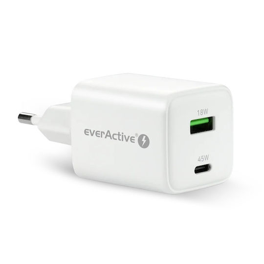 everActive Φορτιστής Χωρίς Καλώδιο GaN με Θύρα USB-A και Θύρα USB-C 45W Power Delivery Λευκός (SC-450Q)