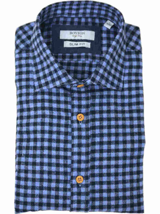 Boston Cămașă din Flanel Slim Fit în Carouri Albastră