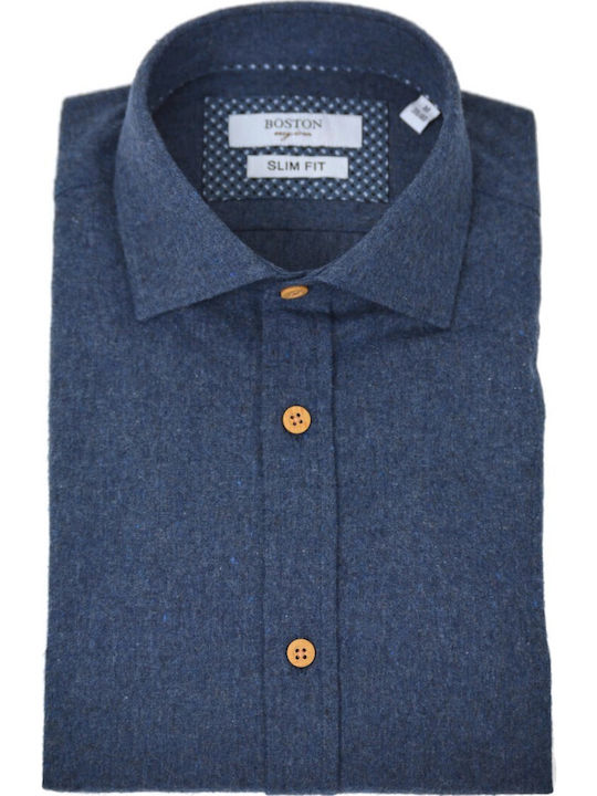 Boston Φανελένιο Πουκάμισο Slim Fit Μπλε