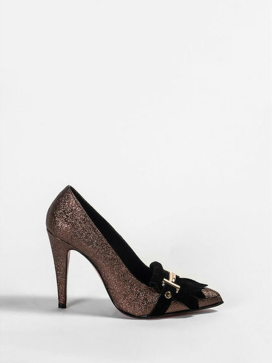 Leather Pointed Toe Brown Heels Bronze