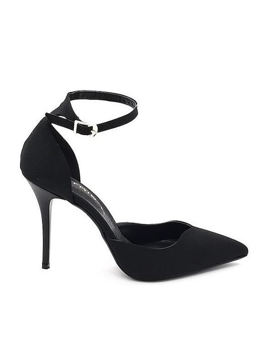 Suede Black Heels with Strap Women's