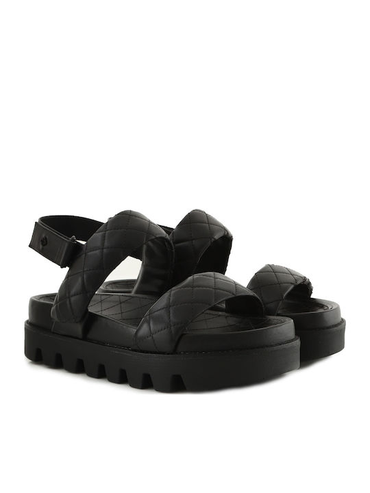 Δερμάτινα Γυναικεία Σανδάλια Flatforms Μαύρα