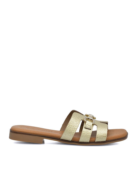 Leather Women's Flat Sandals in Gold Color