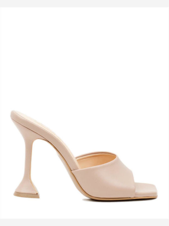Leather Mules with Thin High Heel in Beige Color