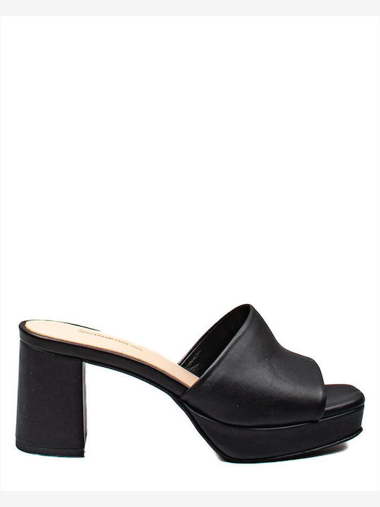 Leather Mules with Chunky High Heel in Black Color