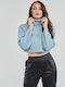 Damen Crop Top Rollkragenpullover Langarm Blau