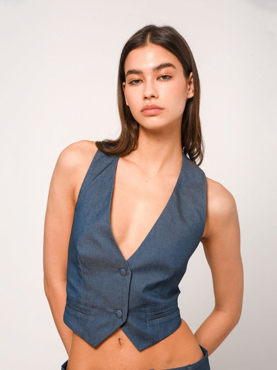 Women's Summer Blouse Sleeveless with V Neckline Jeans Blue