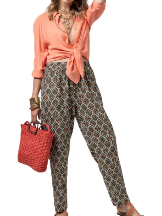 Cento Fashion Γυναικείο Ψηλόμεσο Υφασμάτινο Παντελόνι Χακι