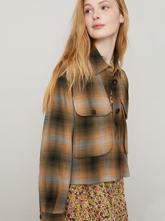 Cimelio Checkered Jacket Μακρυμάνικο Γυναικείο Πουκάμισο Καφέ Καρό