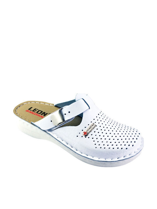 Leon Damen Leder Anatomisch Clogs Weiß
