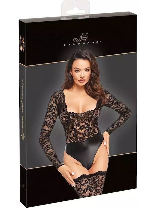 Noir Handmade Sexy Bodysuit with Transparency & Lace Black