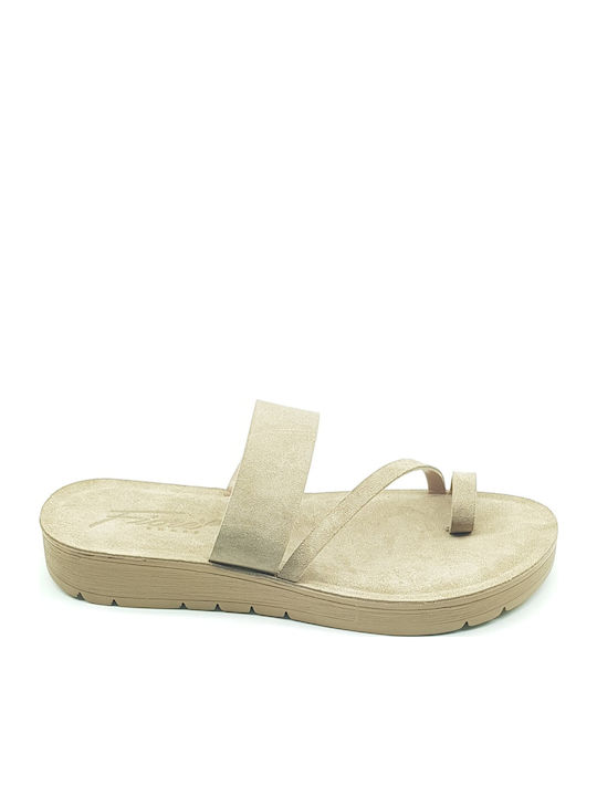 Leder Flache Sandalen für Damen in Beige Farbe