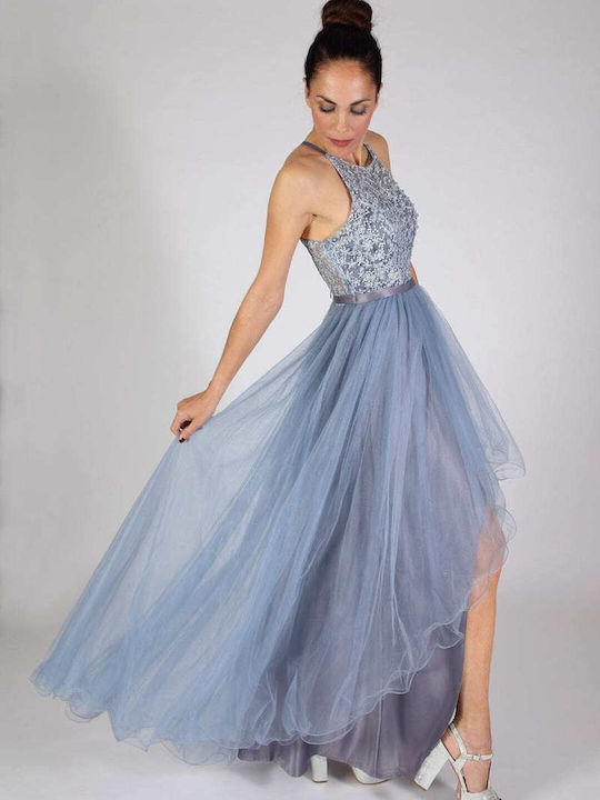 Rochie De Seară Maxi Din Tul Albastru Deschis Cu Lungime Asimetrică