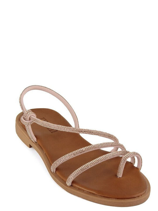Bronze Δερμάτινο Χειροποίητο Flat Σανδάλι Strass