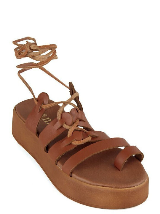 Camel Δερμάτινο Χειροποίητο Flatform Σανδάλι Λουράκια