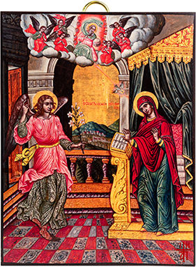 Artis Gilding & Restoring Благовещение Богородично Свещено Изображение от XVIII Век 13,8 X 18 См