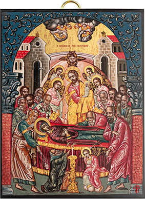 Artis Gilding & Restoring Die Himmelfahrt der Gottesmutter Vergoldete Heiligenikone 18. Jahrhundert 14 X 18 Cm