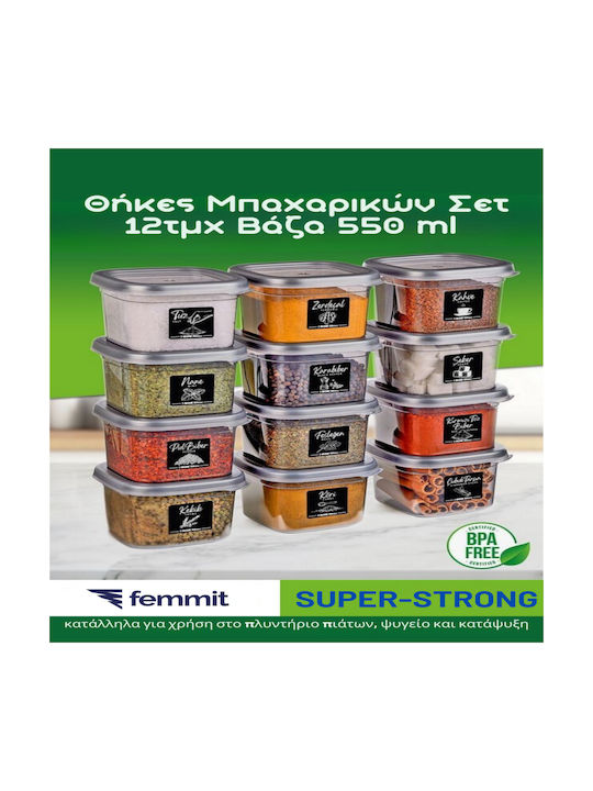Femmit Spice Jar Set 12 Pieces 550 ml Airtight Lid Plastic