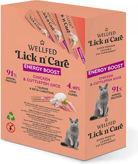 Wellfed Lick ’n’ Care Energy Boost Λιχουδιά Γάτες Κοτόπουλο & Μελάνι Σουπιάς 15gr