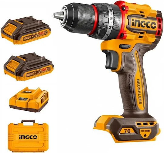 Ingco CIDLI20768E Brushless Cordless Impact Drill Driver 20V 2x2Ah