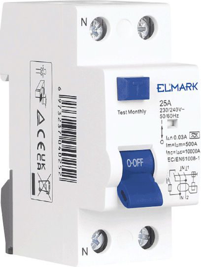 Elmark Ρελέ Ράγας Διαρροής 20A Διπολικό με Τάση 230V